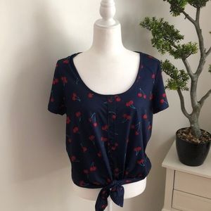 SO Relaxed Cherry Print Tie Front Tee